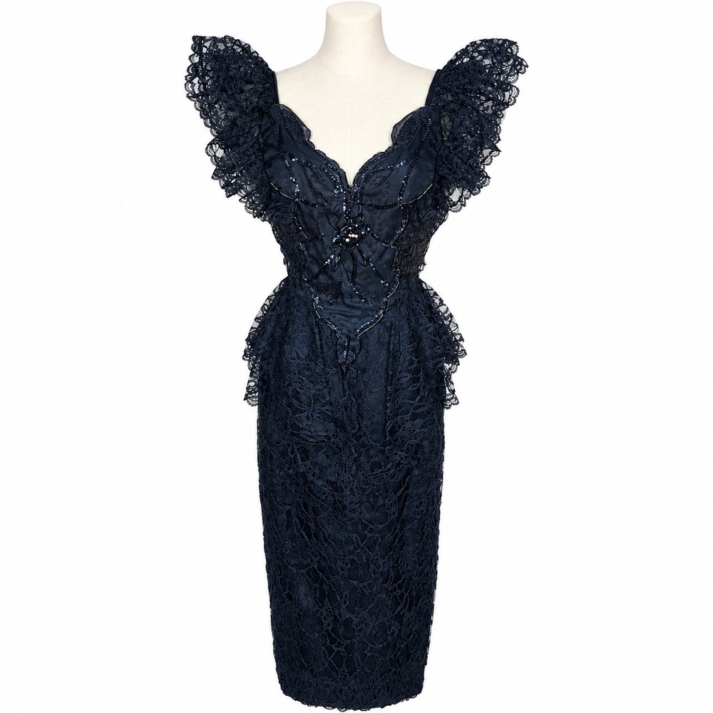 Vtg 80s Climax Karen Okada David Howard Vamp Midi Lace Wiggle Dress Gothic 11/12